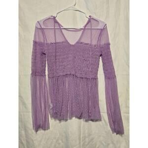 Purple Dobby Mesh Smock Top Lilac Sheer Shirred Tiered Fairy Boho Blouse Sz M